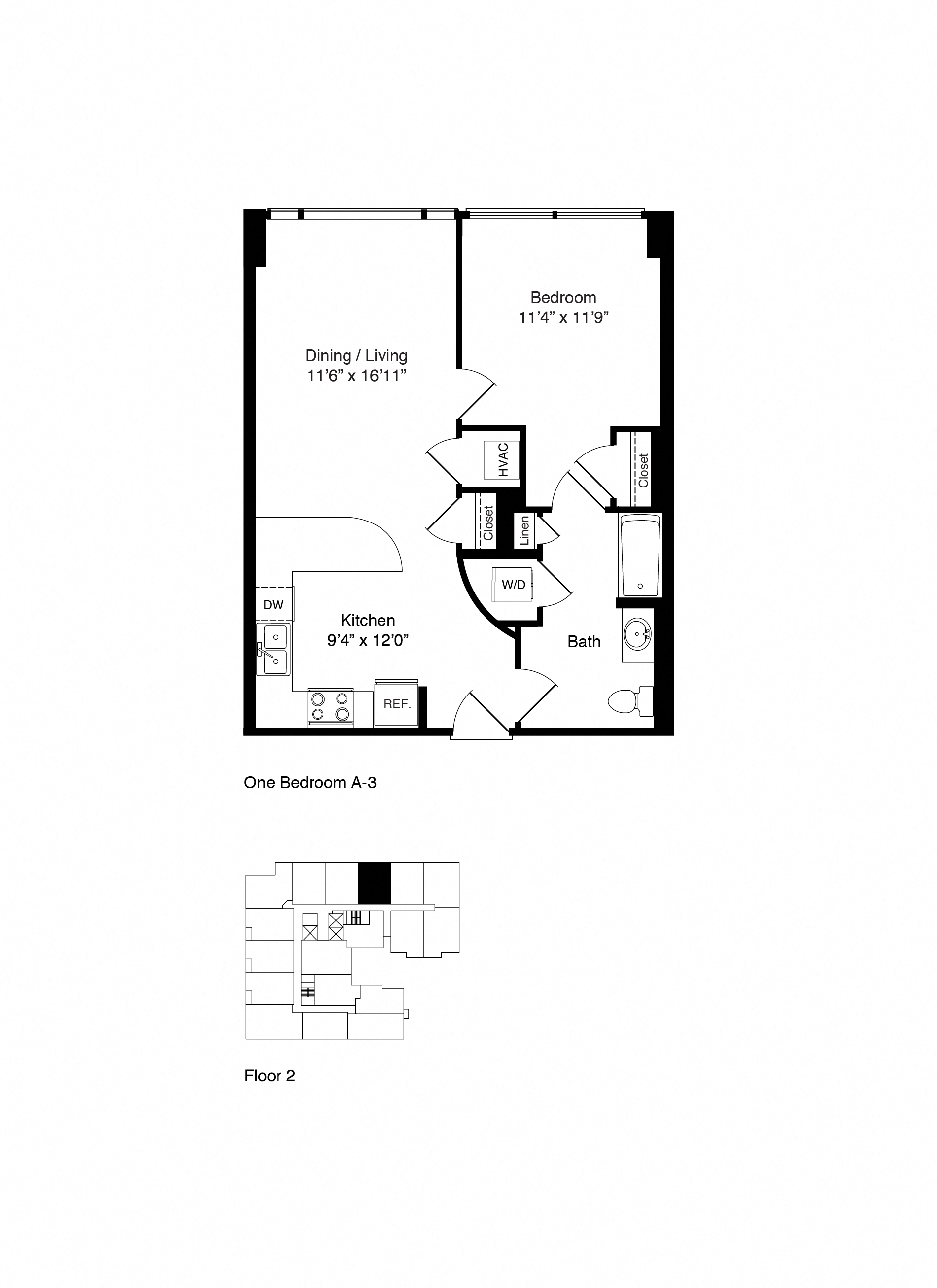 Floor plan for 1 bed, 1 bath, 712 sqft